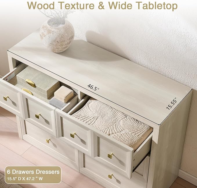 6 Drawers Dresser for Bedroom-46.5" Wide Wooden Chest of Drawers with Large Storage, Long Dresser TV Stand with Drawers, Farmhouse Closet Dressers for Living Room Bedroom, Grey White