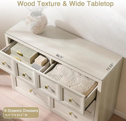 6 Drawers Dresser for Bedroom-46.5" Wide Wooden Chest of Drawers with Large Storage, Long Dresser TV Stand with Drawers, Farmhouse Closet Dressers for Living Room Bedroom, Grey White