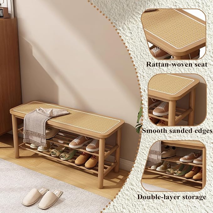 SOBIBO Bamboo Shoe Rack Bench with Rattan Seat, 3-Tier Shoe Storage Bench, Entryway Bench for Hallway，Nature-31.5 inches