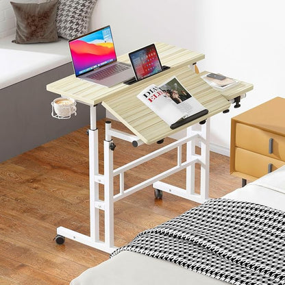 SogesHome 31.5 inch Mobile Standing Desk Adjustable Computer Desk Rolling Laptop Cart Portable Laptop Stand on Wheels Home Office Workstation with Cup Holder,Headphone Holder, Upgrade Maple