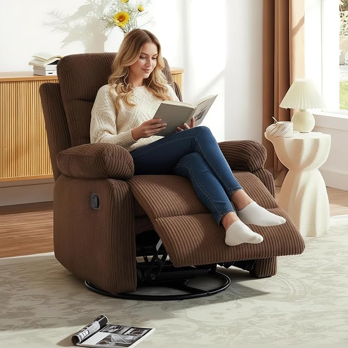 Rocking Recliner Chair,Modern Swivel Glider Recliner Chair,Corduroy Fabric Upholstery Recliner,Manual Reclining Sofa Chair for Living Room,Office,Apartment (Brown)