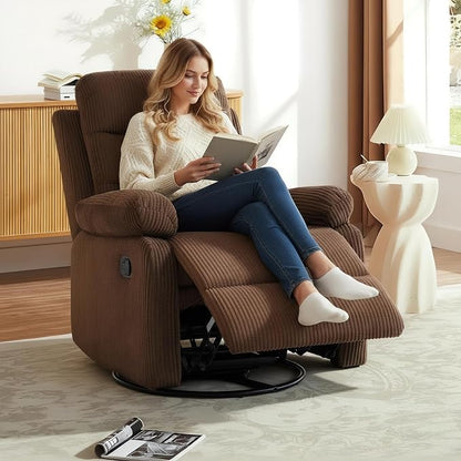 Rocking Recliner Chair,Modern Swivel Glider Recliner Chair,Corduroy Fabric Upholstery Recliner,Manual Reclining Sofa Chair for Living Room,Office,Apartment (Brown)