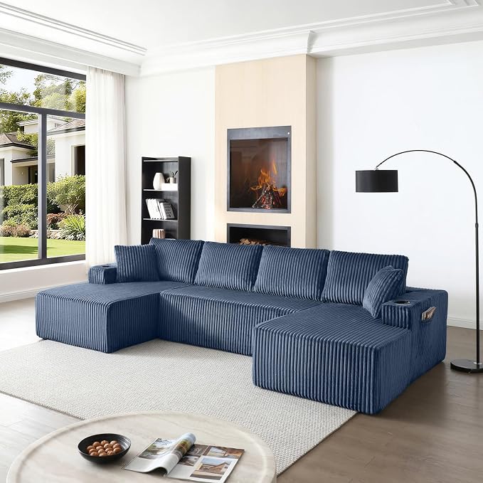 124" Modular Sectional Sleeper Sofa, Boneless Cloud Couch for Living Room, U Shaped 5 Seat Sofa with 2 Storage Pockets& 2 Cup Holders, Free Combination, No Assembly Required