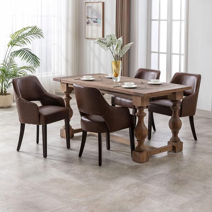 Faux Leather Upholstered Dining Chairs Set of 6 with Arms | Brown faux leather upholstery, solid wood legs, curved open back, padded seat, easy-care surface, dining room, kitchen