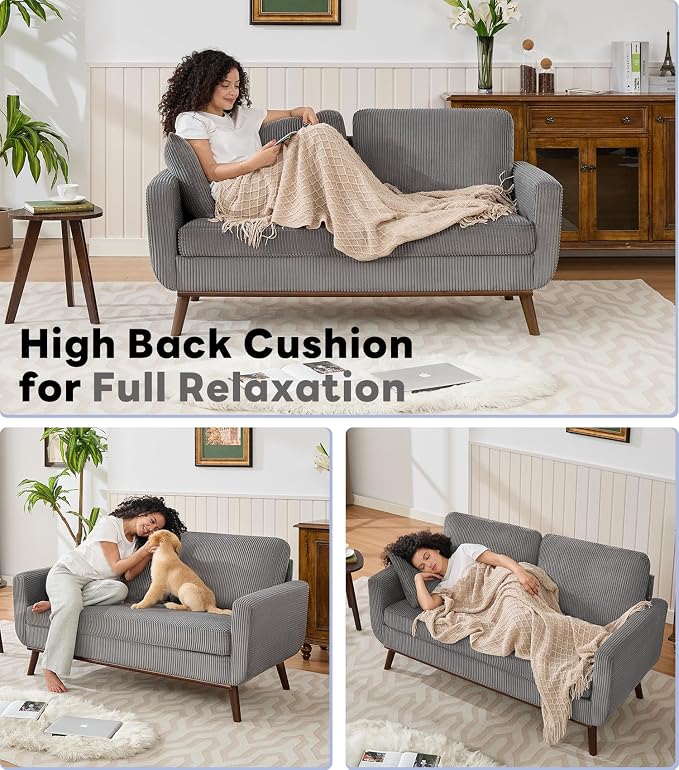 Kingfun 65" Corduroy Love Seat with Spring Cusions, Mid Century Modern Loveseat Sofa for Livingroom & Bedroom, Comfy Upholstered Small Couch, Gray