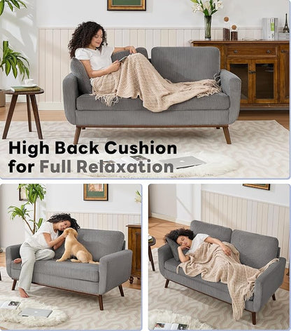 Kingfun 65" Corduroy Love Seat with Spring Cusions, Mid Century Modern Loveseat Sofa for Livingroom & Bedroom, Comfy Upholstered Small Couch, Gray
