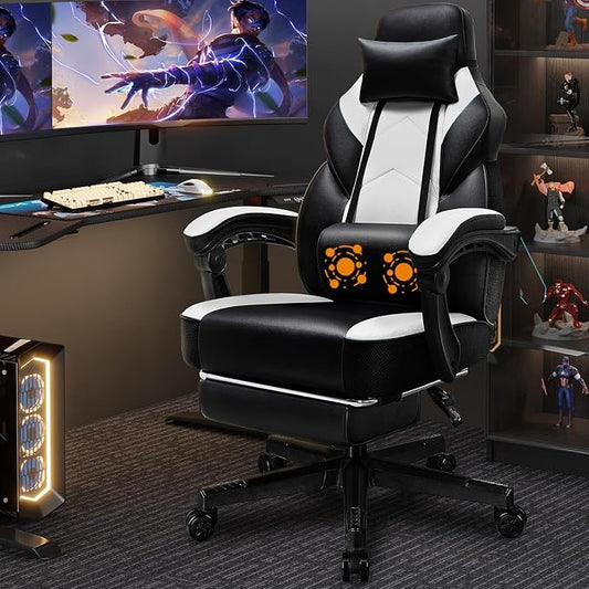 Shintenchi Gaming Chair,Video Game Chair with footrest and Massage Lumbar Support,Height Adjustable Game Chair with 360°Swivel Seat Ergonomic Computer Chair with Headrest for Office or Gaming(White)