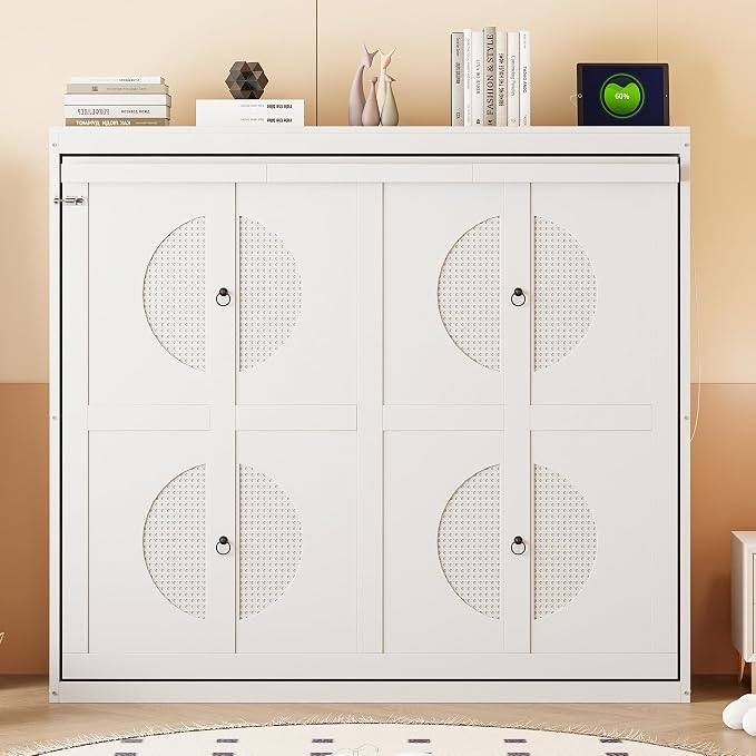 Ball & Cast Full Size Wall Cabinets Murphy Bed with Charging Station and Slat Support,Wood Hideaway Cabinet Platform Beds w/Leg & Lock,can be Folded,Space-Saving,for Small Room,Dorms,White