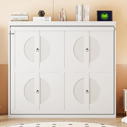 Ball & Cast Full Size Wall Cabinets Murphy Bed with Charging Station and Slat Support,Wood Hideaway Cabinet Platform Beds w/Leg & Lock,can be Folded,Space-Saving,for Small Room,Dorms,White