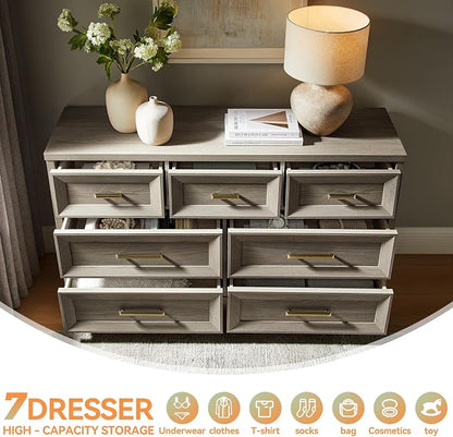 7 Drawer Dresser for Bedroom, 53.5" Wide Wooden Closet Organizers, Modern Chest of Drawers with Metal Handle, Large Storage Dresser TV Stand for Office, Hallway (Grey Oak)