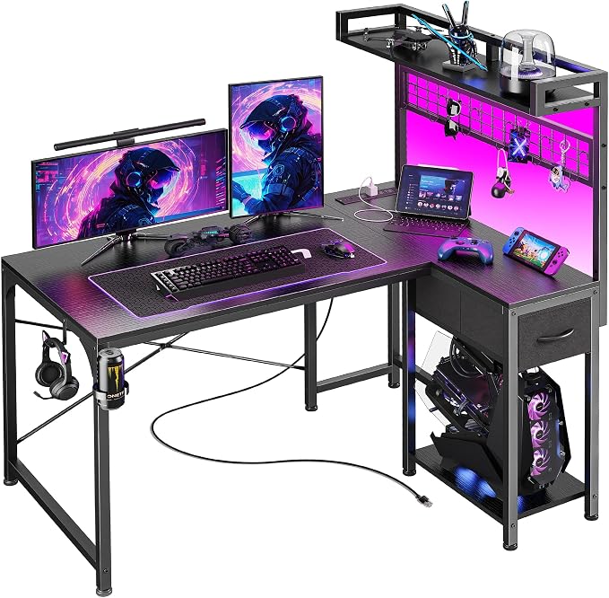 PRAISUN L Shaped Gaming Desk with Shelves, Corner Computer Table with LED Lights, Power Outlets and USB-C Ports, 42 Inch Reversible Home Office Desk with Storage Drawer, for Work and Study, Black