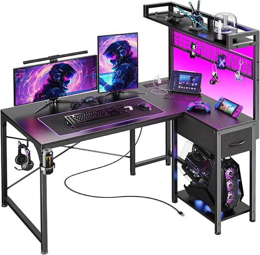 PRAISUN L Shaped Gaming Desk with Shelves, Corner Computer Table with LED Lights, Power Outlets and USB-C Ports, 42 Inch Reversible Home Office Desk with Storage Drawer, for Work and Study, Black