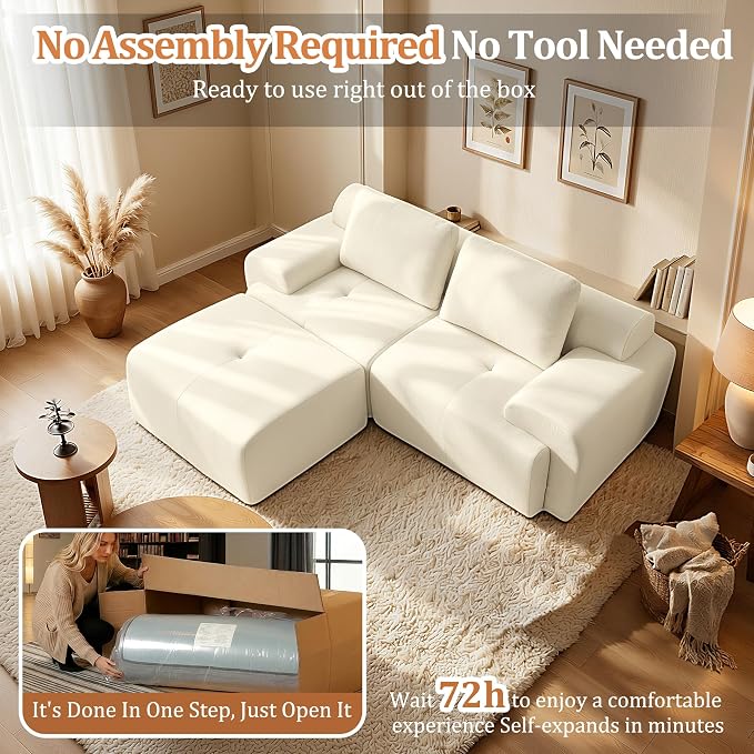 85" L Shaped Oversized Boneless Couch, Comfort Cloud Sectional Couches for Living Room, Modular Sofa High Back & Extra Deep Seat, No Assembly, Chenille(Warm White, 85 inch- L Shaped（2+1）)