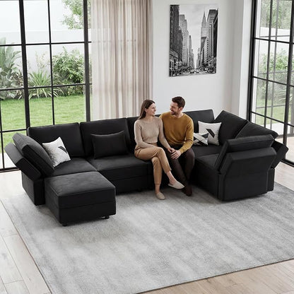 Vesgantti Sectional Couches with Storage Seats, 92" V Shaped Convertible Modular Sectional Sofa, 5 Seat & 1 Ottoman Velvet Storage Chaises Deep Seat Couch for Living Room, Bedroom, Apartment, Black