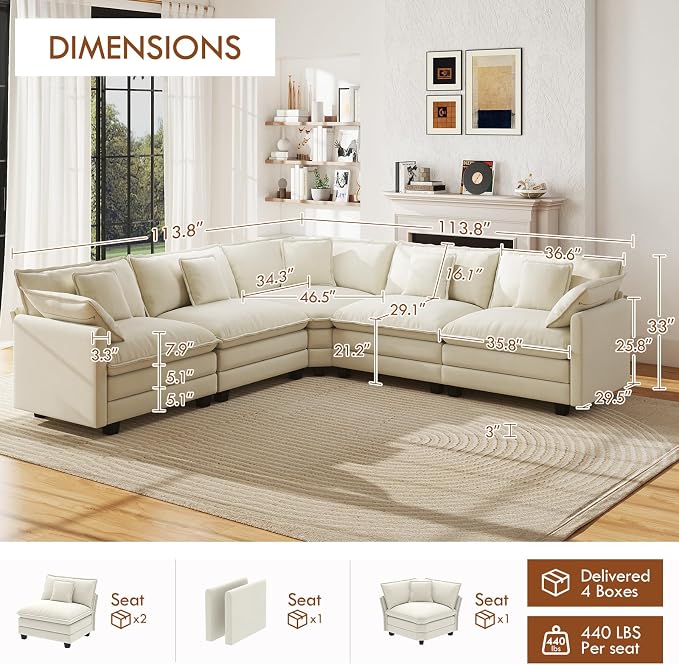 WorthFurni 114” Oversized Modular Sectional Sofa, 5-Seater V Shaped Cloud Couch Set, Comfy Chenille Deep Seat Sofa with 5 Throw Pillows, DIY Combination for Living Room (Beige)