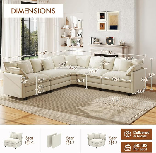 WorthFurni 114” Oversized Modular Sectional Sofa, 5-Seater V Shaped Cloud Couch Set, Comfy Chenille Deep Seat Sofa with 5 Throw Pillows, DIY Combination for Living Room (Beige)