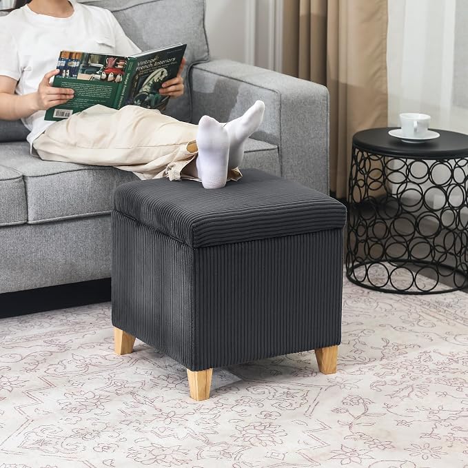 Adeco Faux Fur Storage Ottoman Cube, 18" High Fluffy Grey Foot Stool with Hinged Lid, Upholstered Small Bench for Living Room Bedroom, Solid Wood Legs