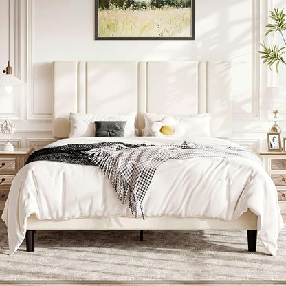 Allewie Full Size Platform Bed Frame with Adjustable Headboard, Plush Velvet Upholstered, Vertical Channel Tufted, Sturdy Wooden Slats, No Box Spring Needed, Easy Assembly, White
