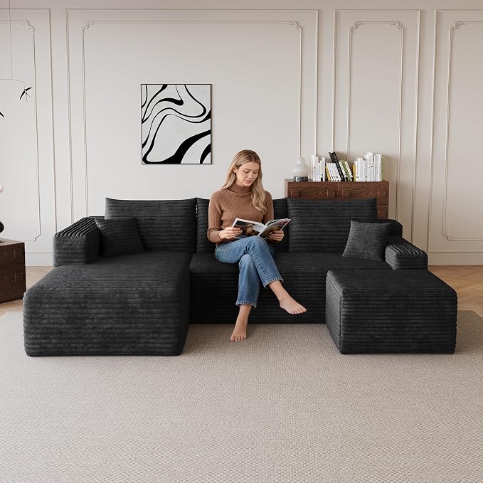 95'' Cloud Sectional Sofa Boneless Couch for Living Room, Minimalist Left Facing Compressed Couch with Chaise Lounge and Ottoman, Plush Corduroy Deep Seat Memory Foam Sofa