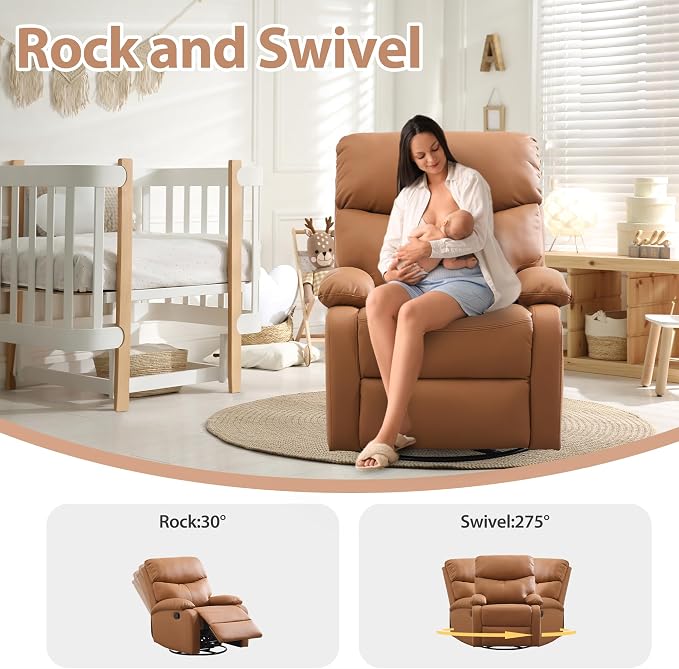 Genuine Leather Rocker Recliner Modern Manual Swivel Glider Recliner with Adjustable Backrest & Footrest Wall Hugger Swivel Rocking Recliner Chair for Modern Living Room and RV Warm Brown