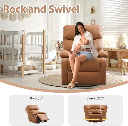 Genuine Leather Rocker Recliner Modern Manual Swivel Glider Recliner with Adjustable Backrest & Footrest Wall Hugger Swivel Rocking Recliner Chair for Modern Living Room and RV Warm Brown