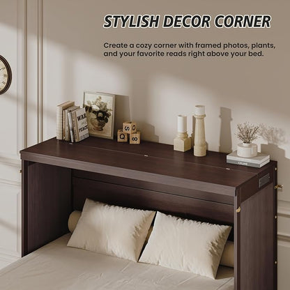 Bellemave Queen Murphy Bed with Charging Station and Storage, Farmhouse Murphy bedframe with Foldable Panel, Noisy Free, for Guest Bedroom, Living Room, Coffee