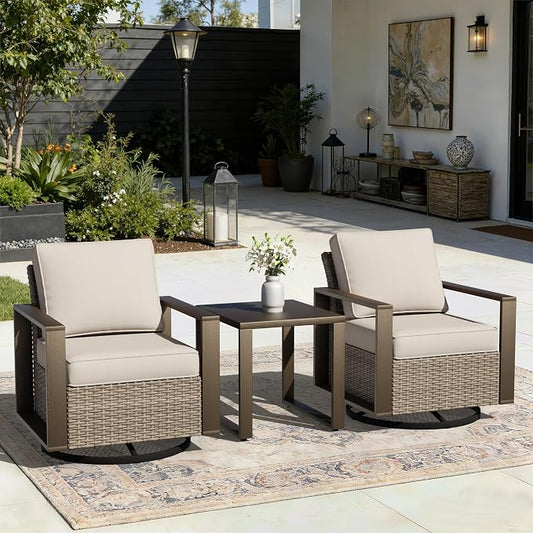 Joyside Outdoor Patio Swivel Rocker Chairs, 3 Pieces Wicker Furniture Set, 2 Swivel Rocking Chairs and 1 Table, Metal Wide Armrest, Thick Cushions and Deep Seating for Garden, Backyard, Porch, Deck
