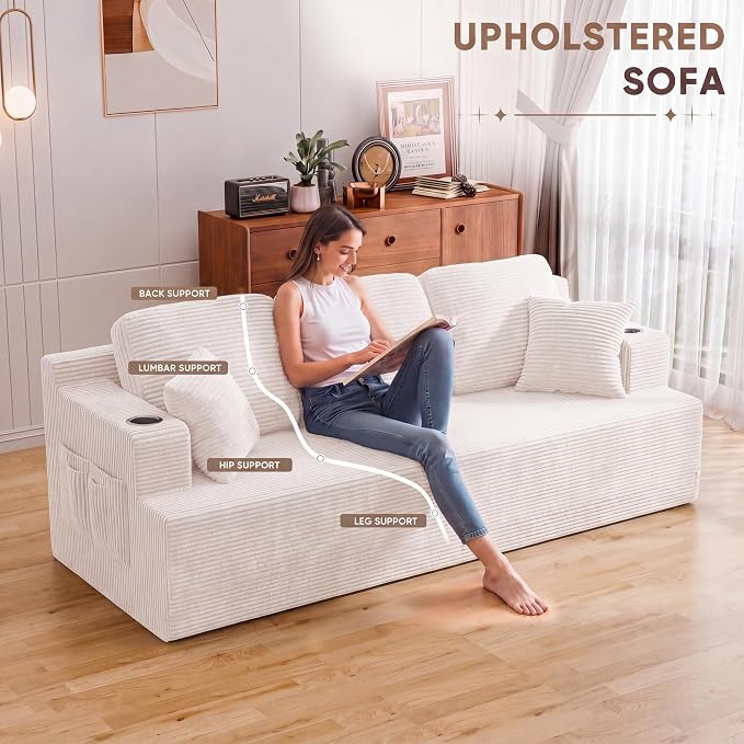 Homall 87” Boneless Sofa Couch with 2 Pillows Extra Deep Seats, Corduroy Fabric 3 Seater with Cup Holder & Storage Pocket Upholstered Floor Easy Installation (White, 3 Seater)