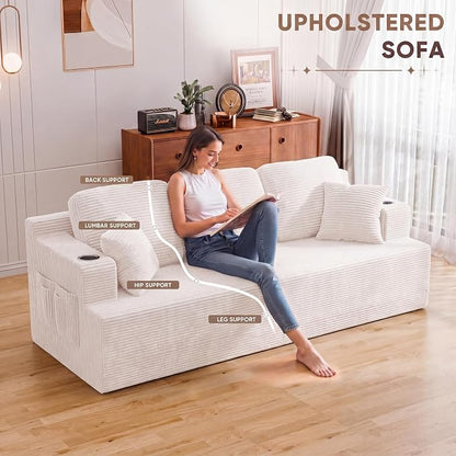 Homall 87” Boneless Sofa Couch with 2 Pillows Extra Deep Seats, Corduroy Fabric 3 Seater with Cup Holder & Storage Pocket Upholstered Floor Easy Installation (White, 3 Seater)