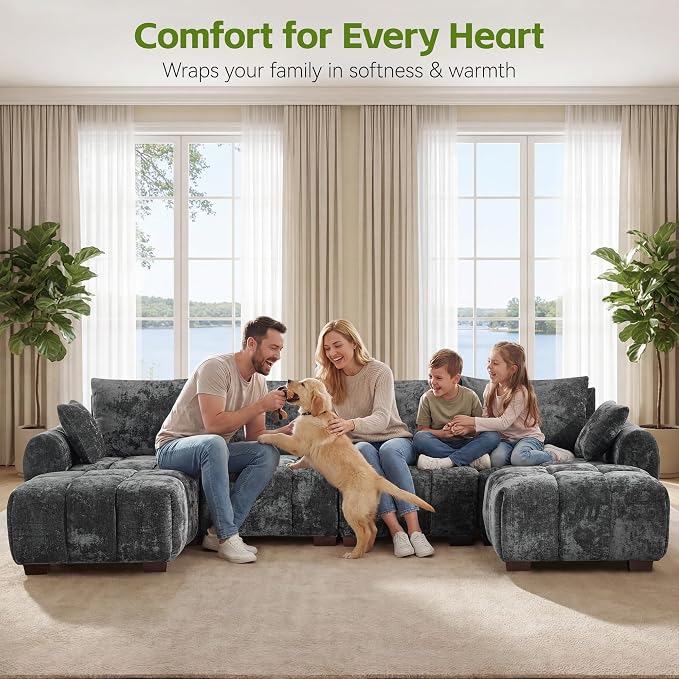 143" Oversized U Shaped Cloud Modular Sectional Sofa, Modern Chenille Upholstered 6 Seater Couch with 2 Removable Ottomans, Tufted Deep Seat & Wood Legs, Large Grey Sectional Couches for Living Room