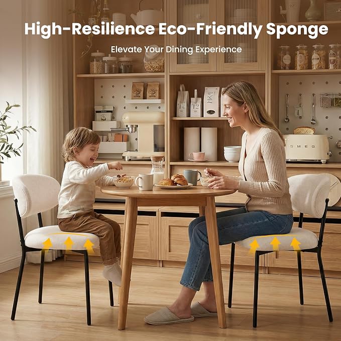 Upholstered Dining Chairs Set of 2, Modern Fabric Kitchen Chairs with Curved Backrest and Cushioned Seat, Sturdy Metal Legs, Modern Dining Chairs for Kitchen Dining Room, Living Room,Beige