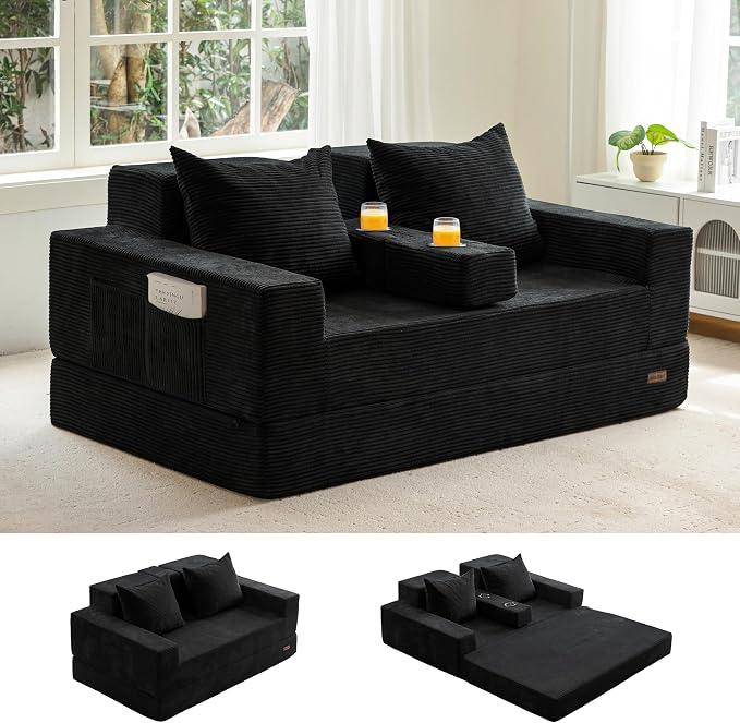 MAXYOYO Loveseat Sofa Bed, 64" Foldable Floor Sofa Couch in A Box with 2 Cup Holders, 4 in 1 Convertible Boneless Couch Folding Recliner Chair for Living Room, No Assembly Required, Black