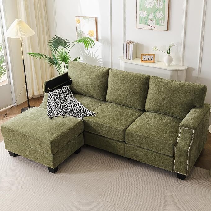 Rexulqo 85'' L Shaped Couch with Armrest Organizer,3 Seats Sofas with Storage Ottoman,Comfy Sectional Sofa with Thick Cushion,Chenille Sectional Couches for Living Room,Bedroom,Apartment,Green