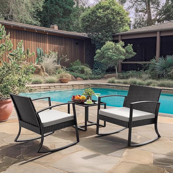 Homall Patio Furniture Set 3 Piece Resin Outdoor Bistro Set Rocking Patio Chairs with Cushions and Table for Porch, Poolside, Balcony and Yard (White)