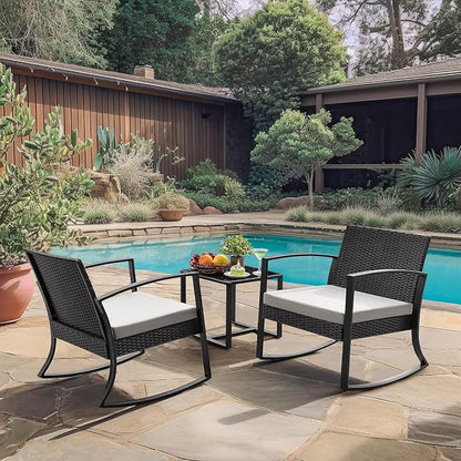 Homall Patio Furniture Set 3 Piece Resin Outdoor Bistro Set Rocking Patio Chairs with Cushions and Table for Porch, Poolside, Balcony and Yard (White)