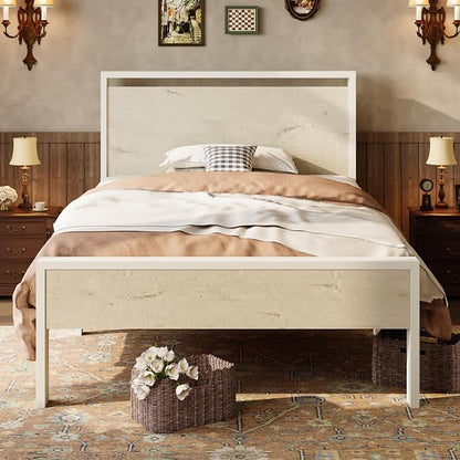 SHA CERLIN 14 Inch Twin Metal Platform Bed Frame with Wooden Headboard and Footboard, No Box Spring Needed, Large Under Bed Storage, Heavy Duty Slats Support, White Washed Oak