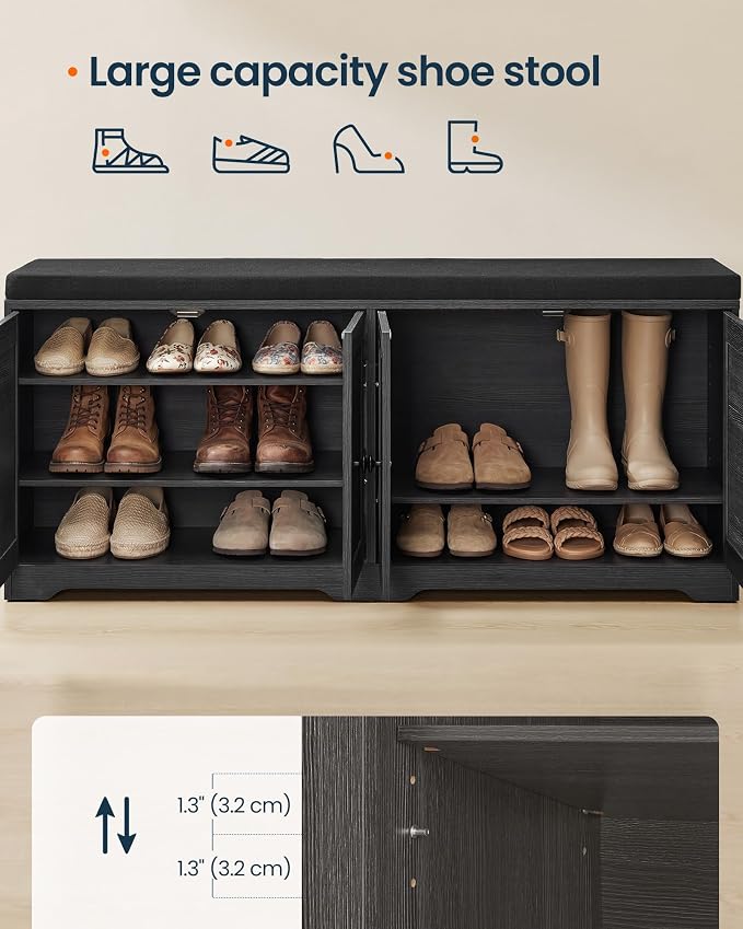 SONGMICS HOME 3-Tier Entryway Bench, Shoe Bench with Padded Seat, for Hallway, Bedroom, 14.2 x 47.8 x 20.9 Inches, Dark Gray