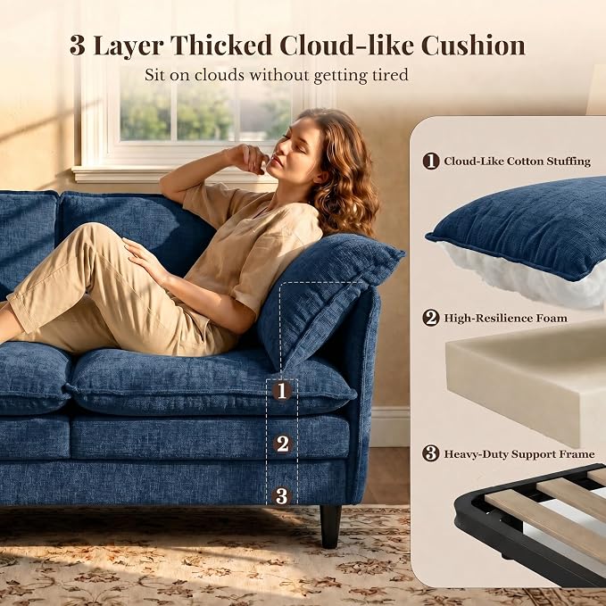 69 Inch Small Sofa, 3-Seater Loveseat Couch with Cloud 2 Layer Cushion, 22.8" Deep Seat, Oversized Pillows, Chenille Fabric, Compact for Small Spaces,Apartment, Living Room, Studio, Office, Blue