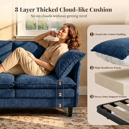 69 Inch Small Sofa, 3-Seater Loveseat Couch with Cloud 2 Layer Cushion, 22.8" Deep Seat, Oversized Pillows, Chenille Fabric, Compact for Small Spaces,Apartment, Living Room, Studio, Office, Blue