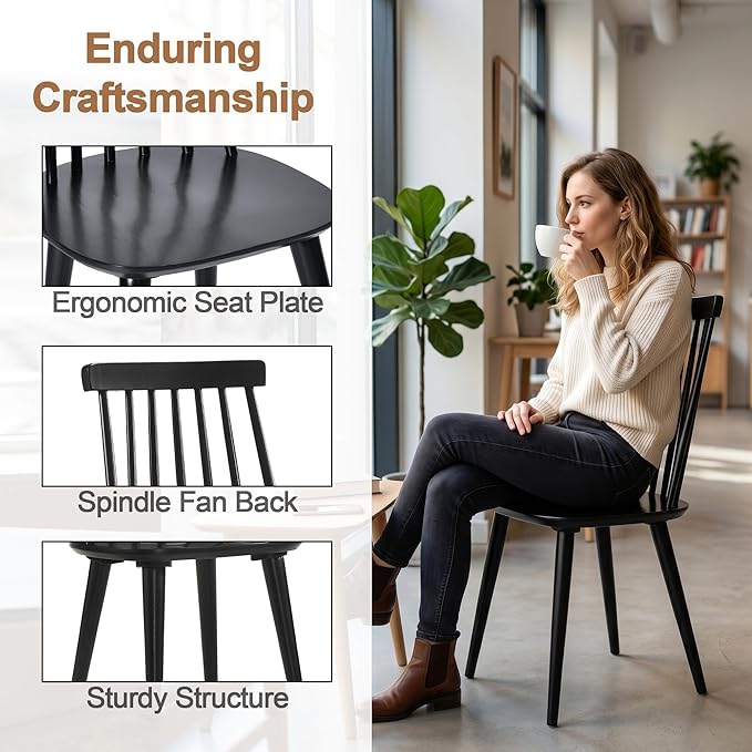 DUHOME Black Windsor Wooden Dining Chairs Set of 6, Wood Dining Room Chair Black Spindle Side Kitchen Room Country Farmhouse Chairs