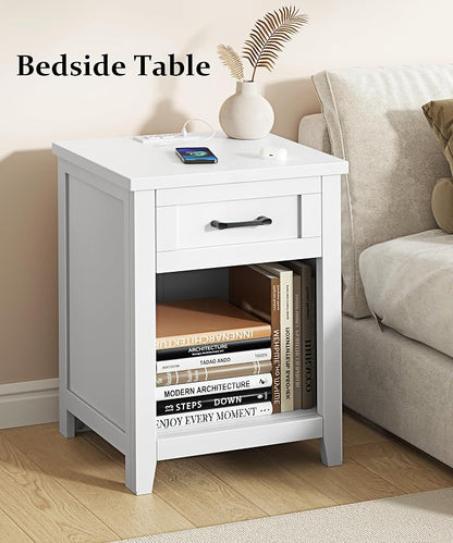 Decofy Farmhouse Nightstand with Charging Station & Large Storage, Modern End Tables with Outlets, USB Ports and Type-C Ports, Easy Assembly for Bedroom (Pure White)
