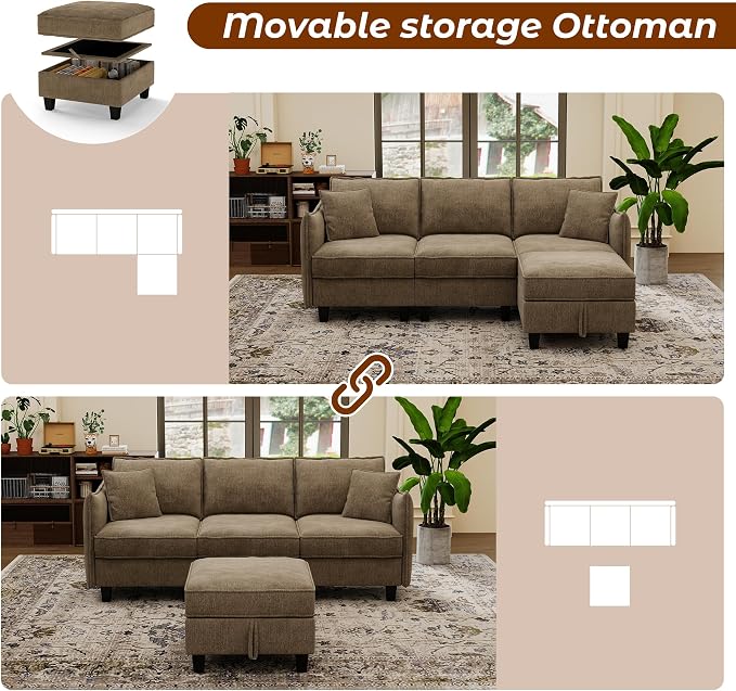 WorthFurni Modular Sectional Sofa L Shape Couches with Storage Ottoman and Washable Cushion Cover for Living Room, Apartment, Bedroom(Brown)