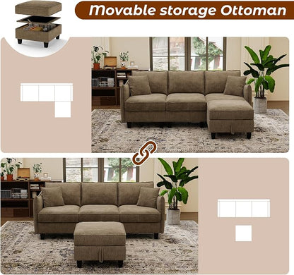WorthFurni Modular Sectional Sofa L Shape Couches with Storage Ottoman and Washable Cushion Cover for Living Room, Apartment, Bedroom(Brown)