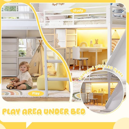 Bellemave Twin Loft Bed with Slide & Ladder, Metal Kids Loft Bed with Storage Drawers & LED Lights, Low Loft Bed Twin Size with Wood Wardrobe & Bookcase, Loft Bed for Kids Teens, White