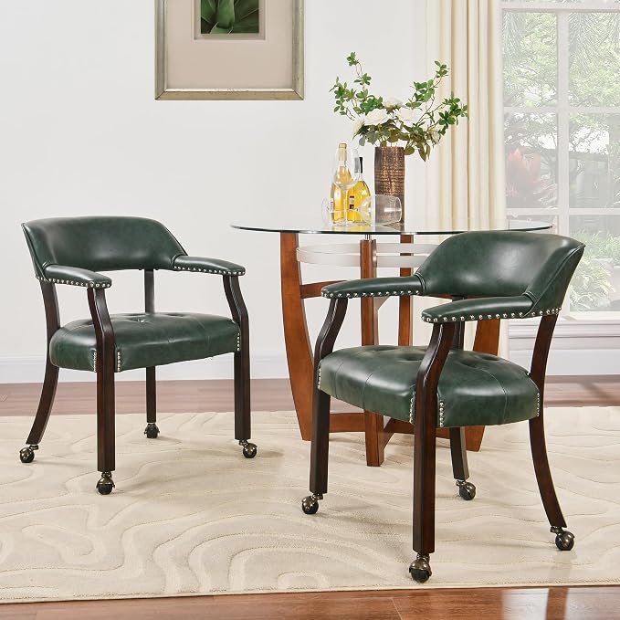 LEEMTORIG Large Dining Chairs with Casters and Arms, Rolling Dining Chairs with Wheels, Game Poker Table Chairs, Boss Caption's Chairs, 26"D x 25.2"W x 31.5"H, Espresso Legs & Green PU, XXY-1910-GN