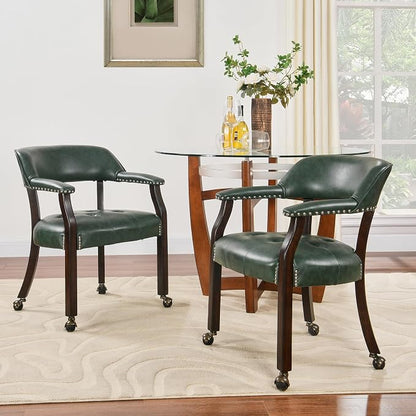 LEEMTORIG Large Dining Chairs with Casters and Arms, Rolling Dining Chairs with Wheels, Game Poker Table Chairs, Boss Caption's Chairs, 26"D x 25.2"W x 31.5"H, Espresso Legs & Green PU, XXY-1910-GN
