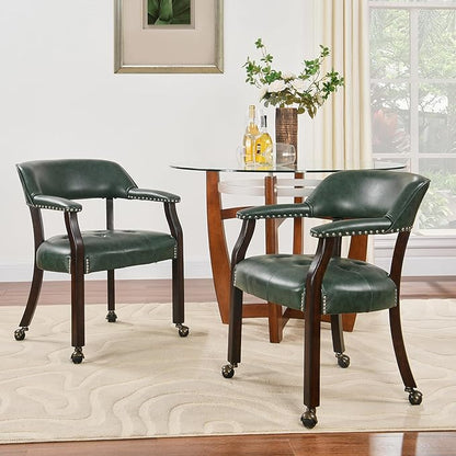 LEEMTORIG Set of 2 Large Dining Chairs with Casters and Arms, Rolling Dining Chairs with Wheels, Game Poker Chairs, Boss Caption's Chairs, 26" Dx25.2 Wx31.5 H, Espresso Legs & Green PU, XXY-1910-GN
