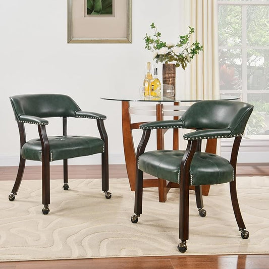 LEEMTORIG Set of 2 Large Dining Chairs with Casters and Arms, Rolling Dining Chairs with Wheels, Game Poker Chairs, Boss Caption's Chairs, 26" Dx25.2 Wx31.5 H, Espresso Legs & Green PU, XXY-1910-GN