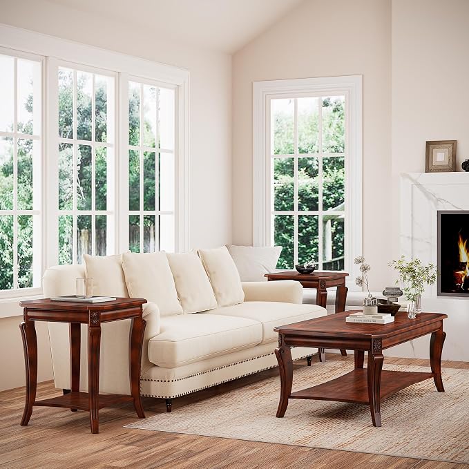 Rectangle Coffee Table for Living Room, Solid Wood Coffee Table with Storage Shelf, Traditional Distressed Farmhouse Style with Shelf, Solid Hardwood Rustic Center Table for Living Room, Cherry 1168WD