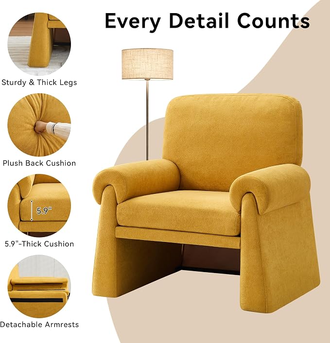 Accent Chairs Set of 2, Modern Living Room Chairs, Comfy Single Sofa Chair with Thick Cushion and Armrests, Upholstered Reading Club Chair, Arm Chair for Living Room Bedroom, Yellow